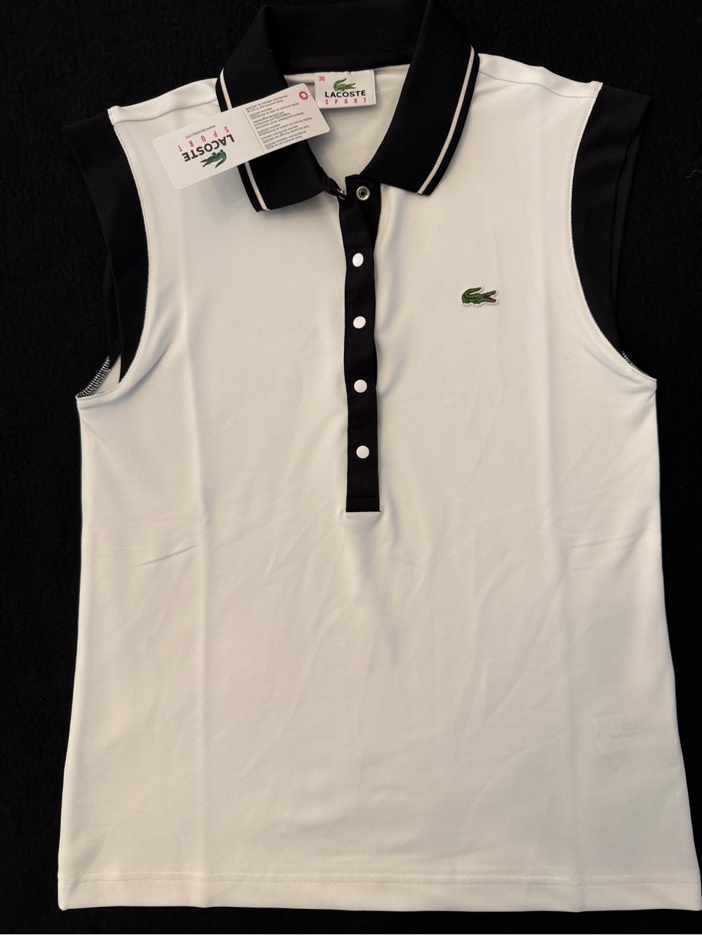 Lacoste Women’s Tennis/Golf Sleeveless Polo Top White with Black Size 36 (S) NWT
